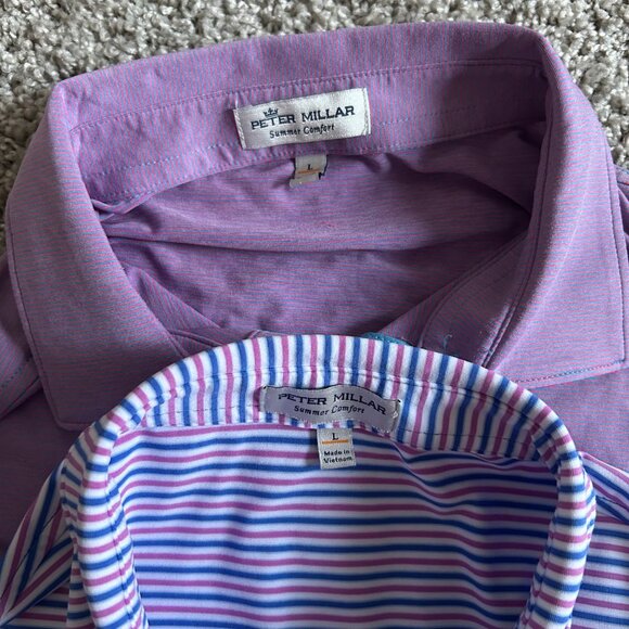 Peter Millar Summer Comfort Mens Sz M Polo Shirt Lot Of 2 Purple Solid & Striped - Picture 4 of 7